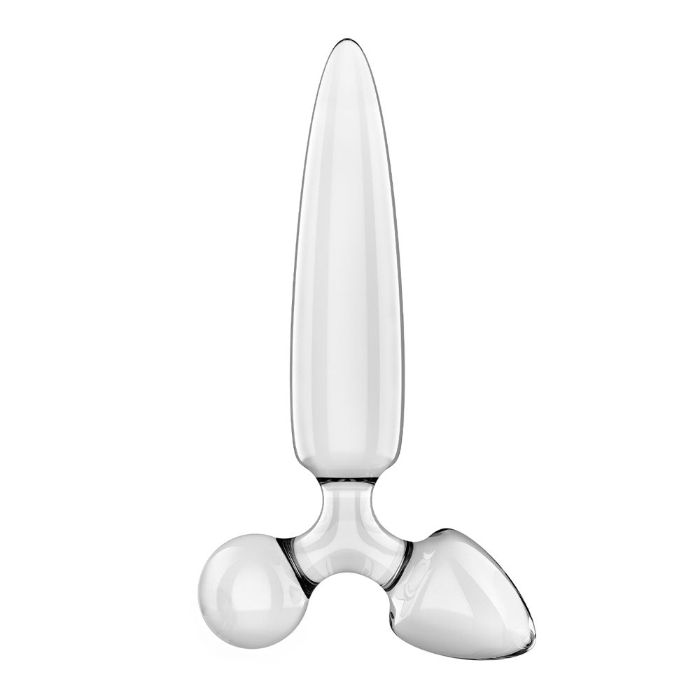 Satisfyer Triple Crystal 1 Clear glass butt plug with long taper, cone and ball ends