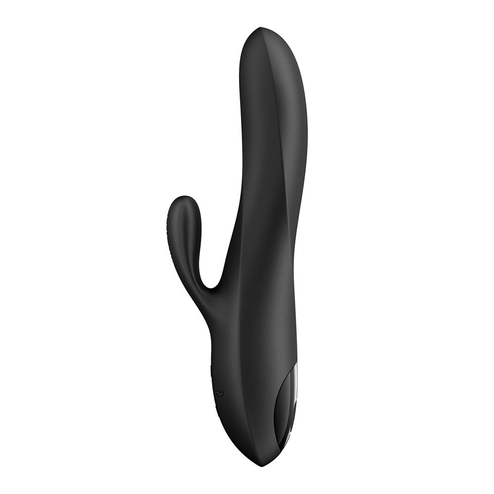 Side profile of the curved black Satisfyer Heat Flex 3 and its external arm