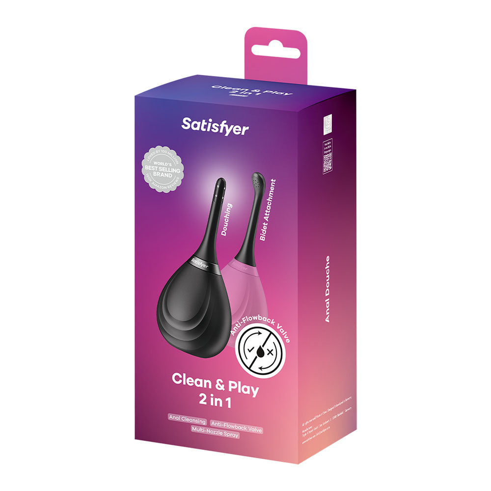 Satisfyer Clean and Play 2-in-1 anal douche with two interchangeable nozzles in black
