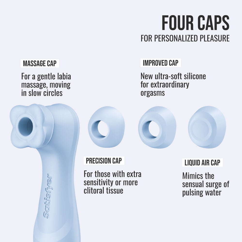 Satisfyer Pro 2 Gen 4 in Serene Blue with the four interchangeable caps