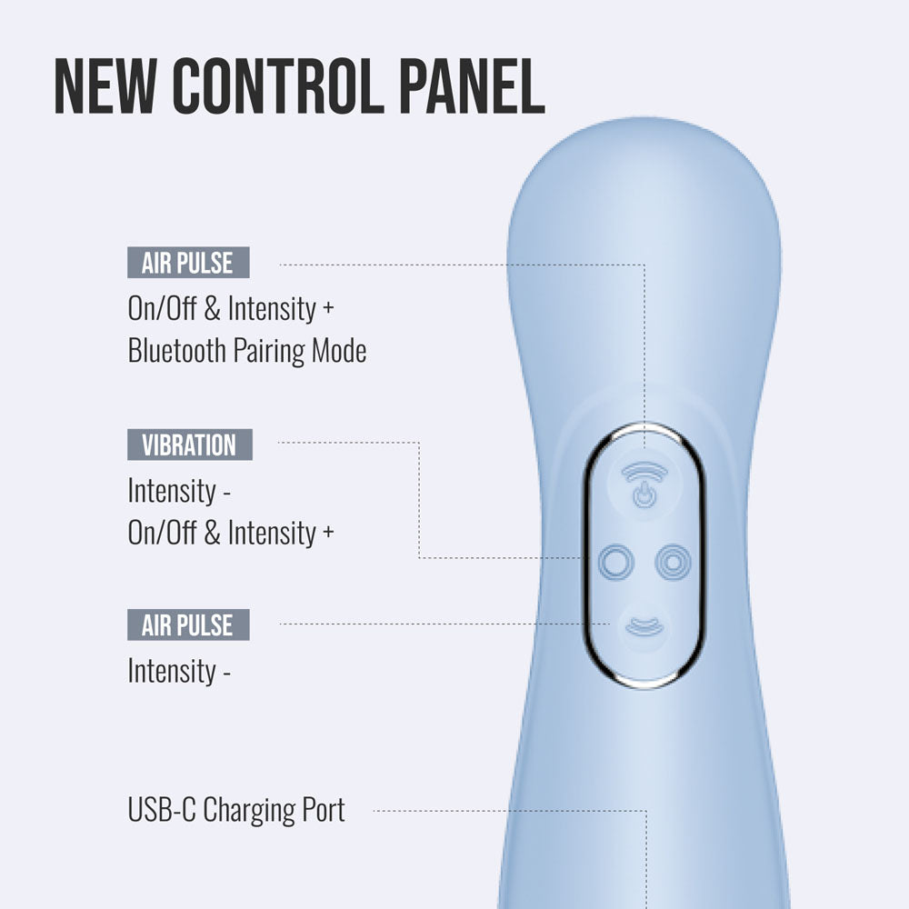Satisfyer Pro 2 Gen 4 in Serene Blue showing the onboard control panel
