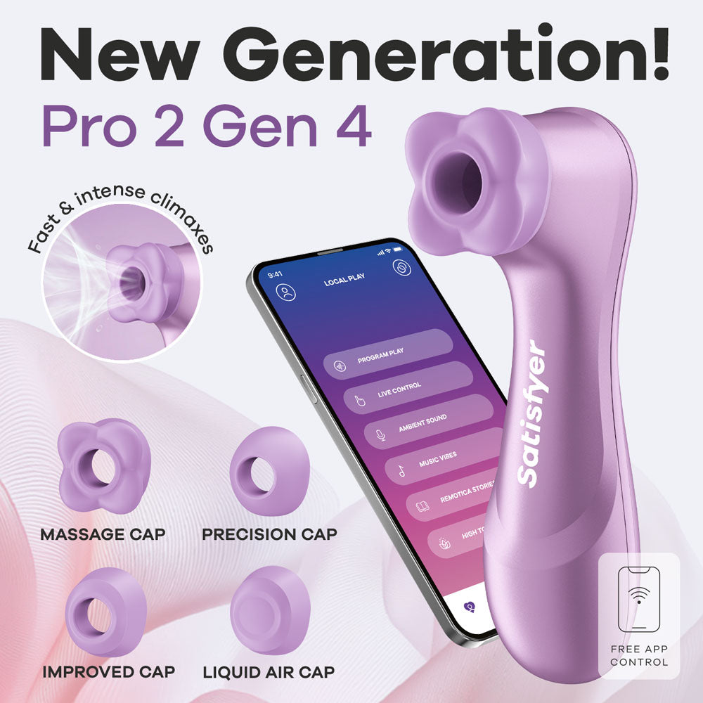 Satisfyer Pro 2 Gen 4 in Amethyst with caps and Satisfyer Connect app feature graphics