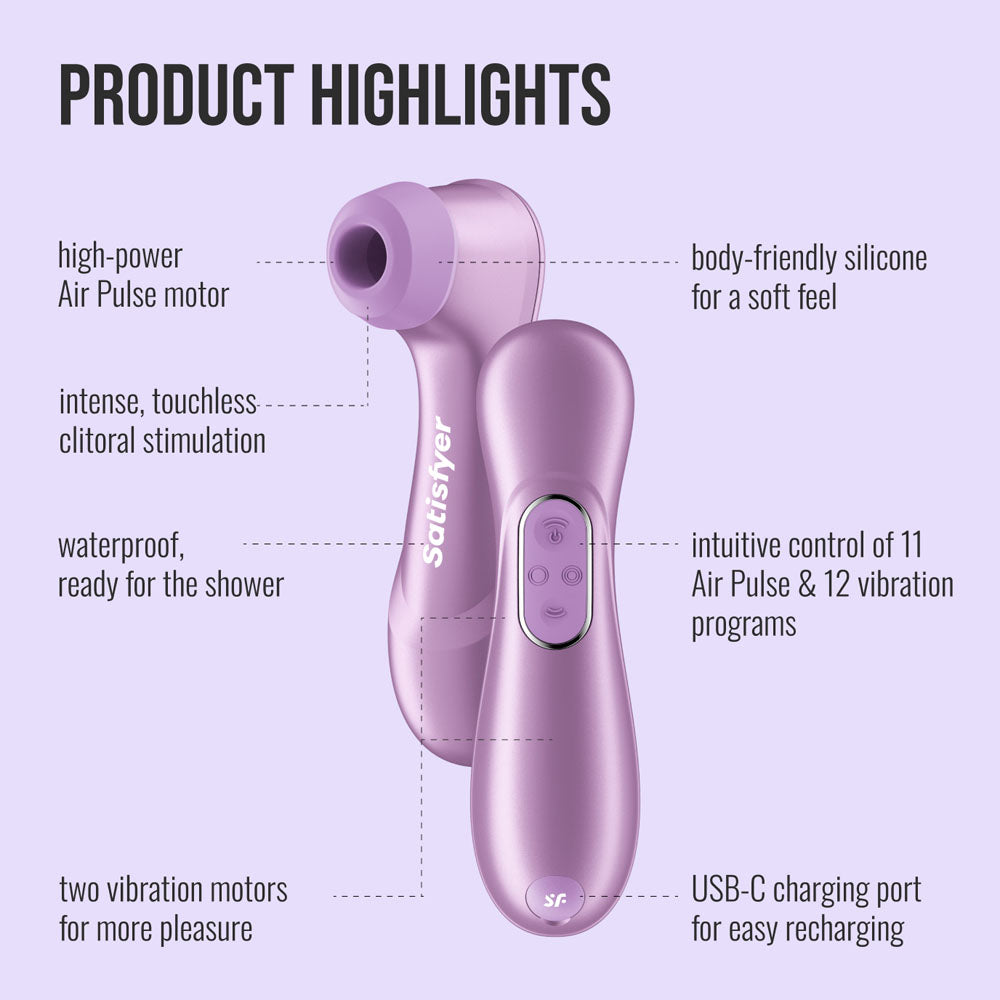 Satisfyer Pro 2 Gen 4 in Amethyst with a product feature overview