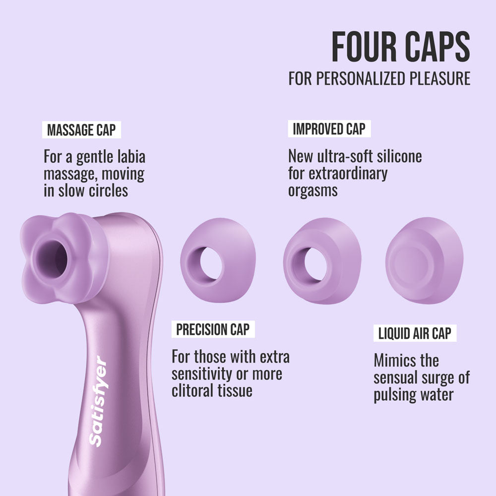 Satisfyer Pro 2 Gen 4 in Amethyst with the four interchangeable caps
