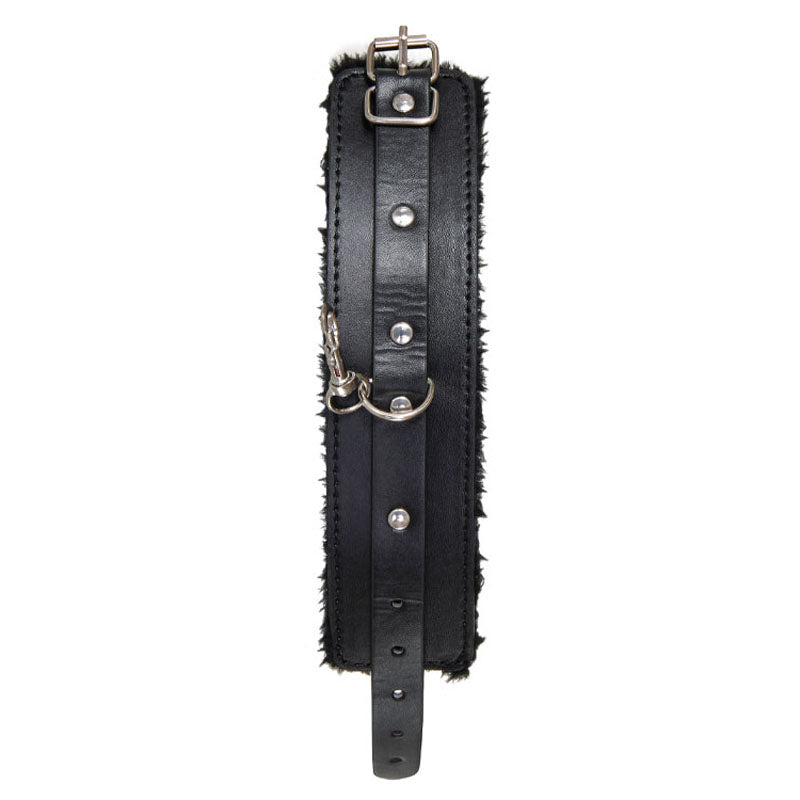 Adam & Eve black hog tie restraint set with faux-fur-lined wrist and ankle cuffs