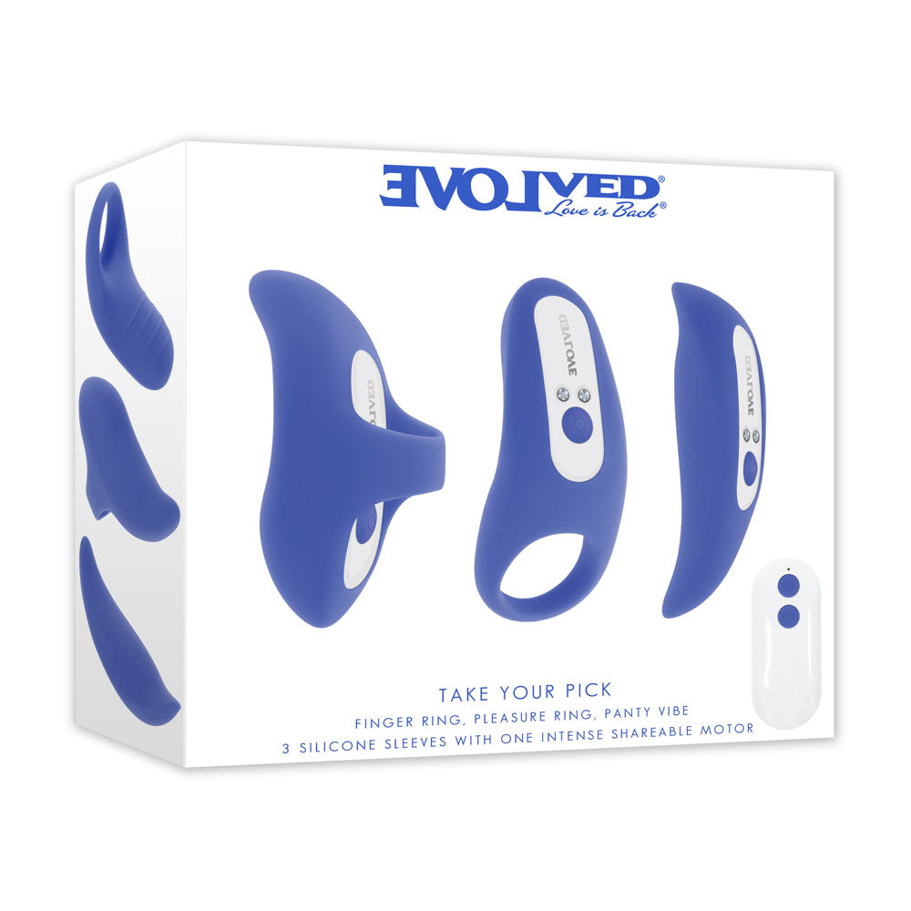 Evolved Take Your Pick blue rechargeable bullet set with three silicone sleeves and remote