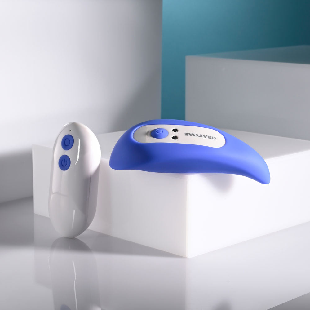 Evolved Take Your Pick blue rechargeable bullet set with three silicone sleeves and remote