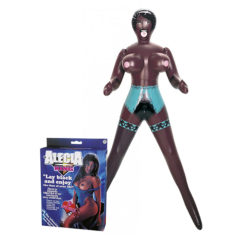 Alecia King inflatable sex doll with corset and stocking print beside packaging