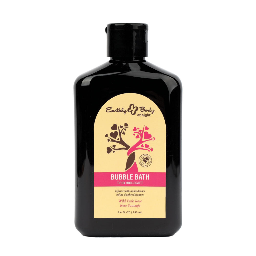 Earthly Body At Night Wild Pink Rose bubble bath 250ml black bottle with a pink-accented label