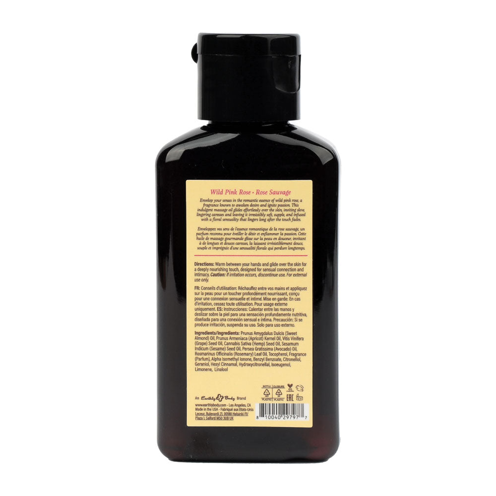 Back label of Earthly Body at Night Wild Pink Rose Massage Oil 60ml showing ingredients and directions
