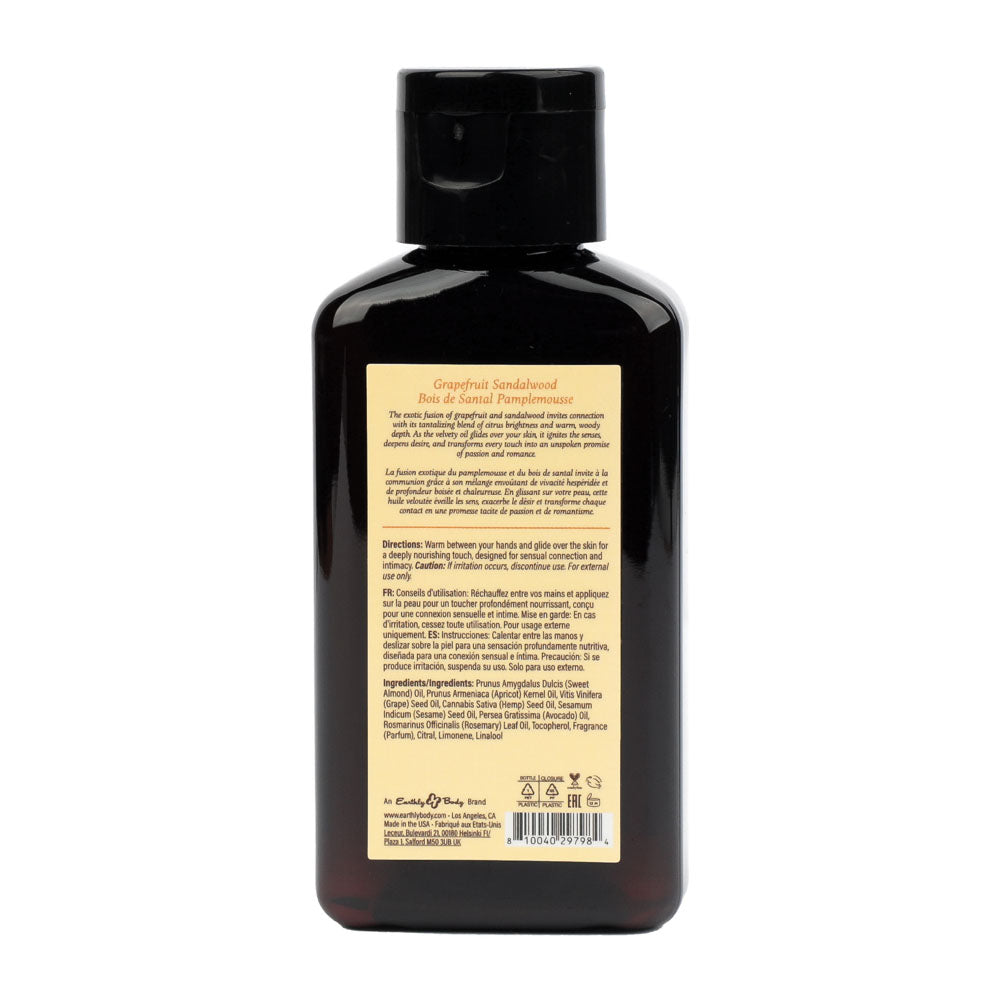 Back label of the Earthly Body at Night Grapefruit Sandalwood Massage Oil 60ml bottle
