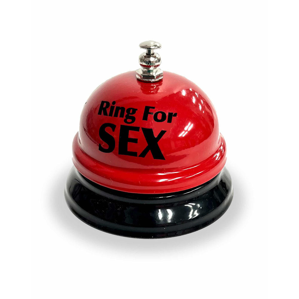 Little Genie red Ring For Sex table bell with a black base and silver-coloured push button
