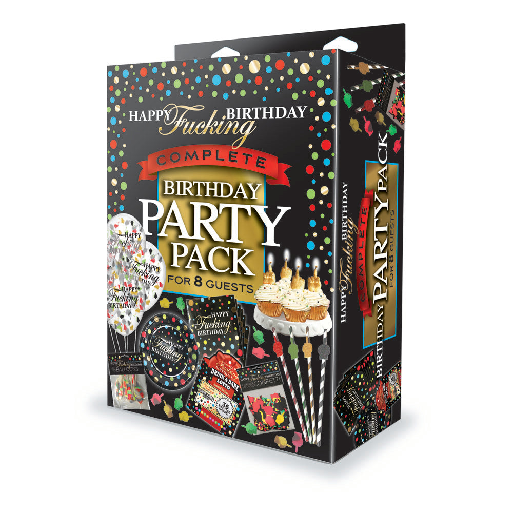 Little Genie Happy F**king Birthday Party Pack box for eight with black, gold and colourful confetti styling