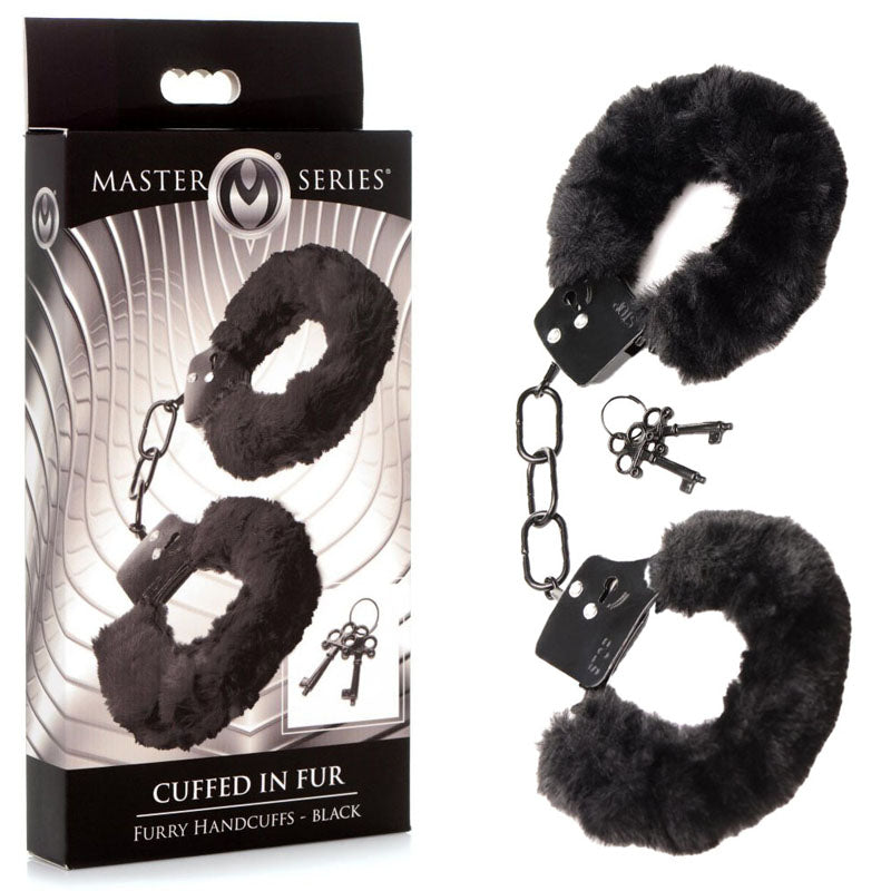 Master Series Black Faux Fur Handcuffs | The Love Boulevard