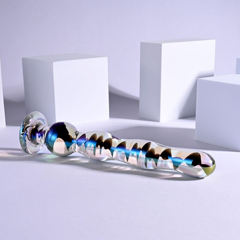 Playboy Jewels Wand glass dildo showing its tapered tip and graduated beads