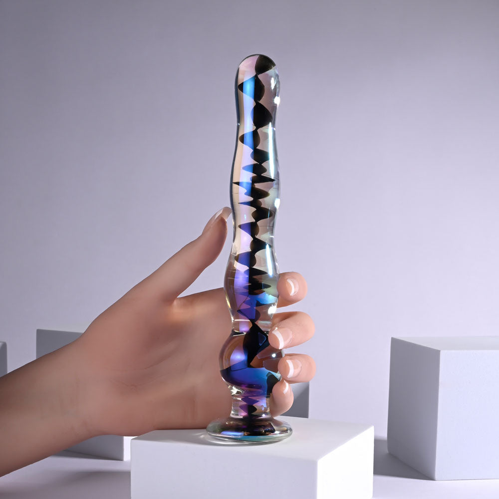 Playboy Jewels Wand glass dildo held in a hand for scale