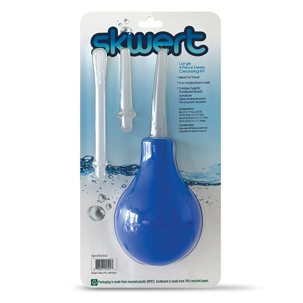 Blue Skwert douche kit and three translucent wands shown in the retail pack