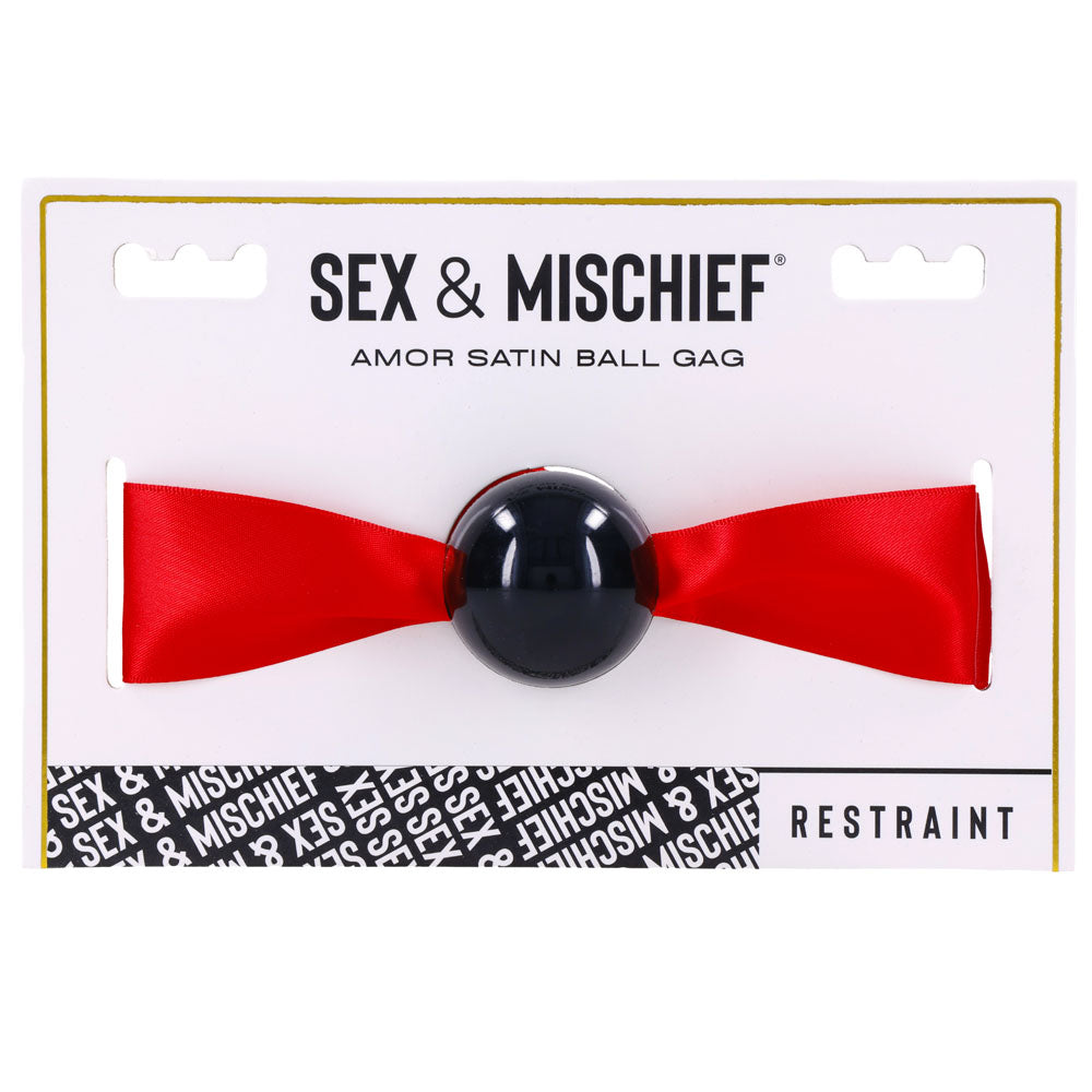 Sex & Mischief Amor satin ball gag with red satin ribbon and black TPE ball