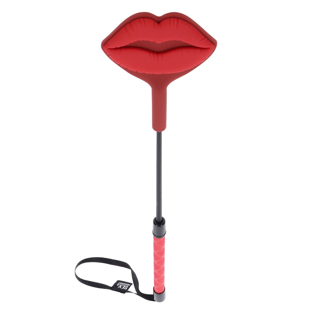 Sex & Mischief Ex’s & Oh’s Kiss Crop with red silicone lip-shaped tip and wrist loop — product detail