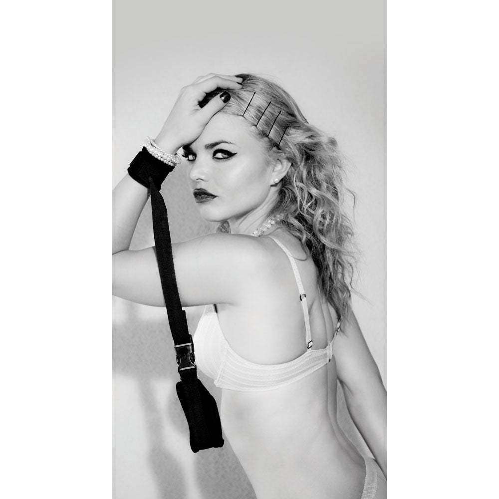 Sex & Mischief black adjustable fabric handcuffs with soft lining and linking strap — product detail