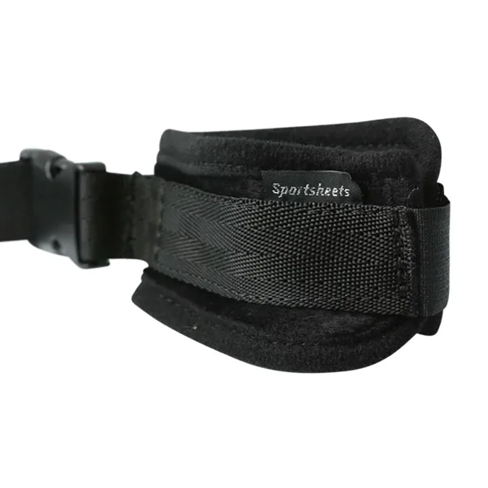 Sex & Mischief black adjustable fabric handcuffs with soft lining and linking strap — product detail