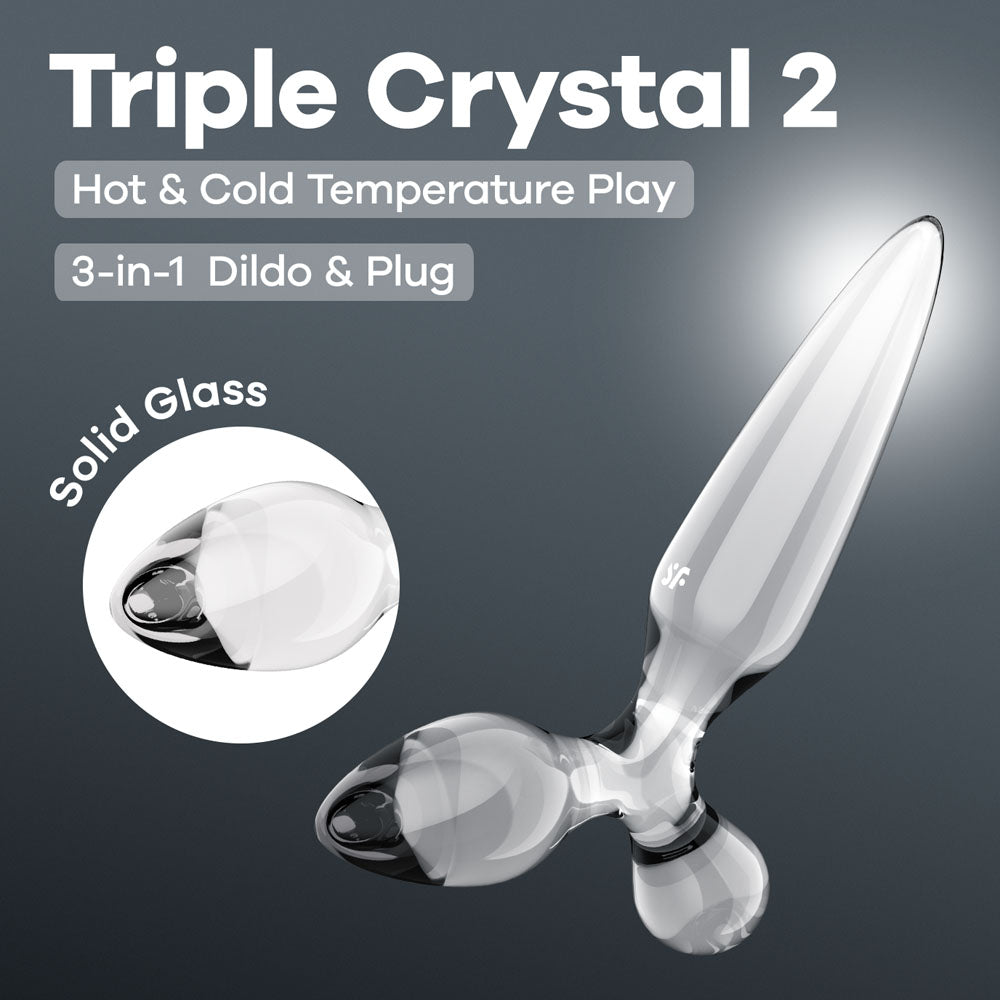 Satisfyer Triple Crystal 2 Clear 3-in-1 glass butt plug and dildo presentation