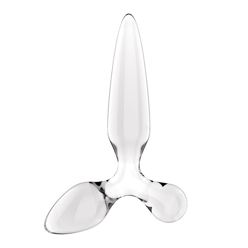 Satisfyer Triple Crystal 2 Clear glass butt plug with leaf-like taper, oval plug and ball ends