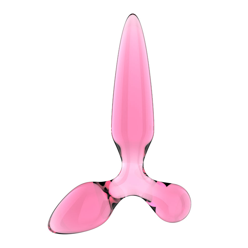 Satisfyer Triple Crystal 2 Pink glass butt plug with leaf-like taper, oval plug and ball ends