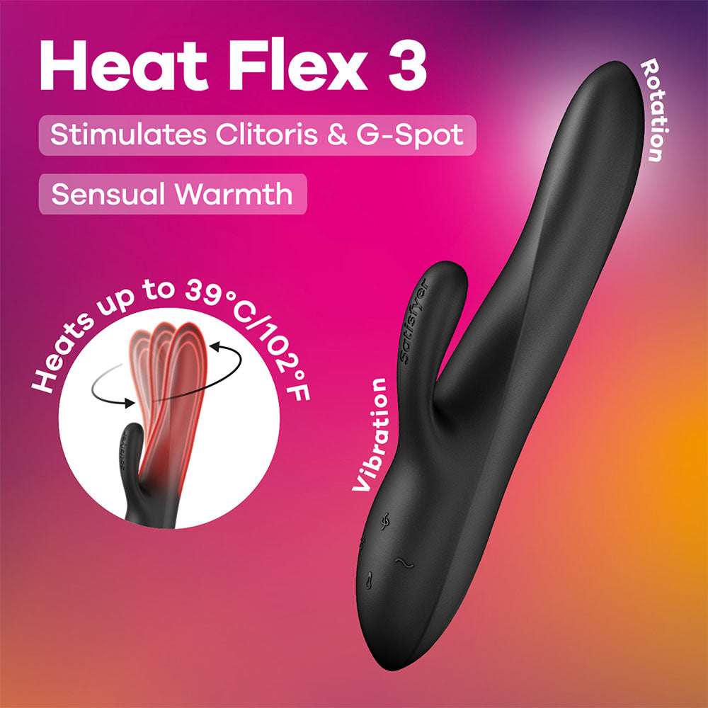 Satisfyer Heat Flex 3 black rabbit vibrator with warming and rotating-head graphic