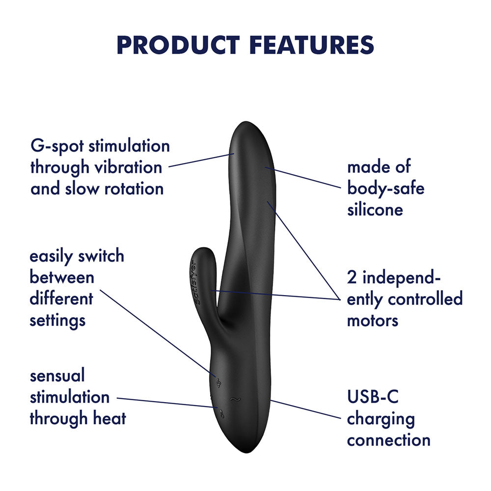 Satisfyer Heat Flex 3 feature diagram showing independent motors and USB-C charging