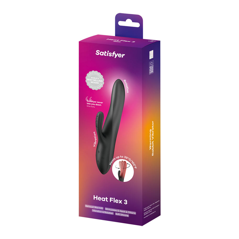 Satisfyer Heat Flex 3 retail box showing warming, rotation and vibration features