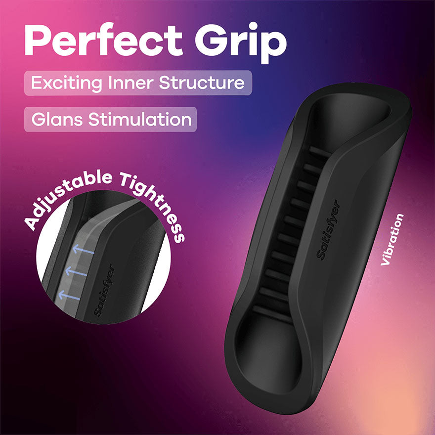 Satisfyer Perfect Grip black vibrating masturbator sleeve with open sides, inner ridges and adjustable grip detail