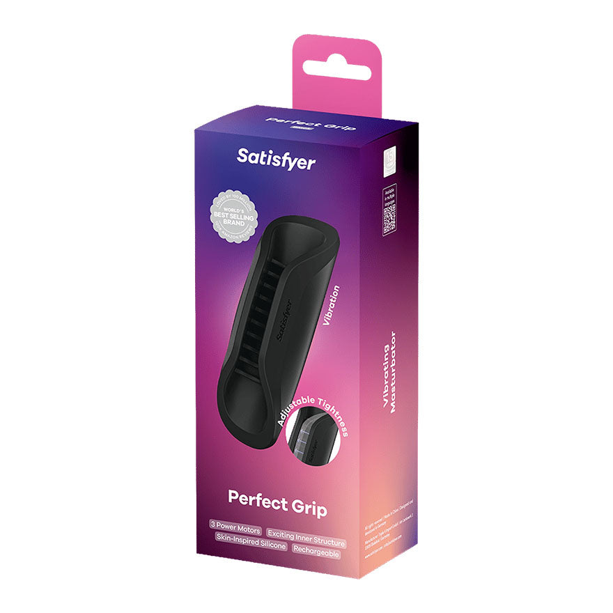 Satisfyer Perfect Grip retail box showing the black vibrating masturbator sleeve