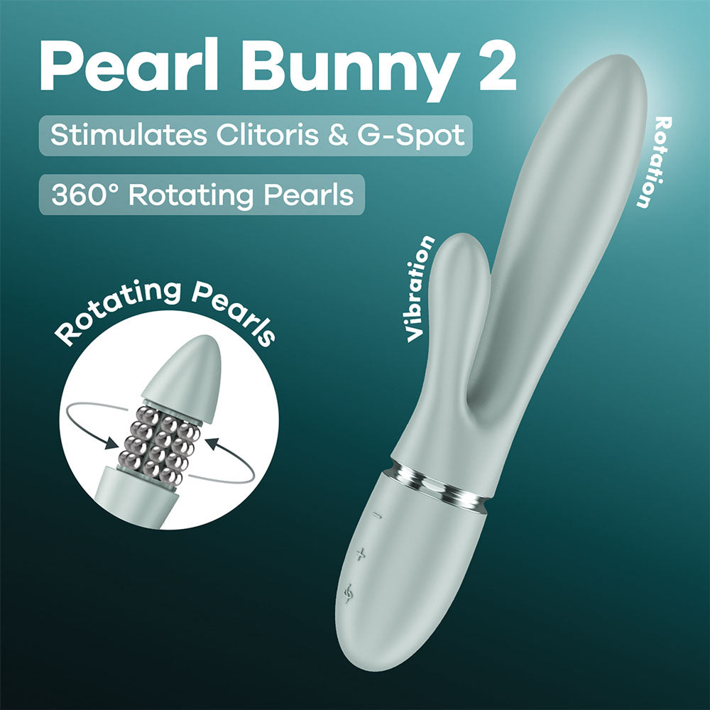 Satisfyer Pearl Bunny 2 silicone rabbit vibrator with rotating pearls and an external arm