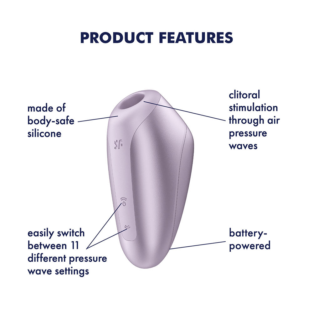 Satisfyer Love Breeze Battery Series feature diagram showing silicone head and eleven air-pulse settings