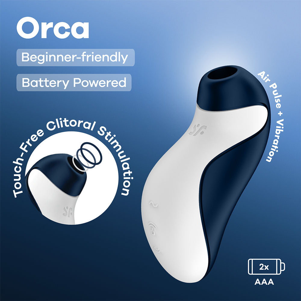 Satisfyer Orca Battery Series navy-blue and white air pulse stimulator with a silicone head