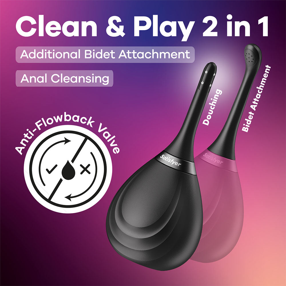 Satisfyer Clean and Play 2-in-1 anal douche with two interchangeable nozzles in black