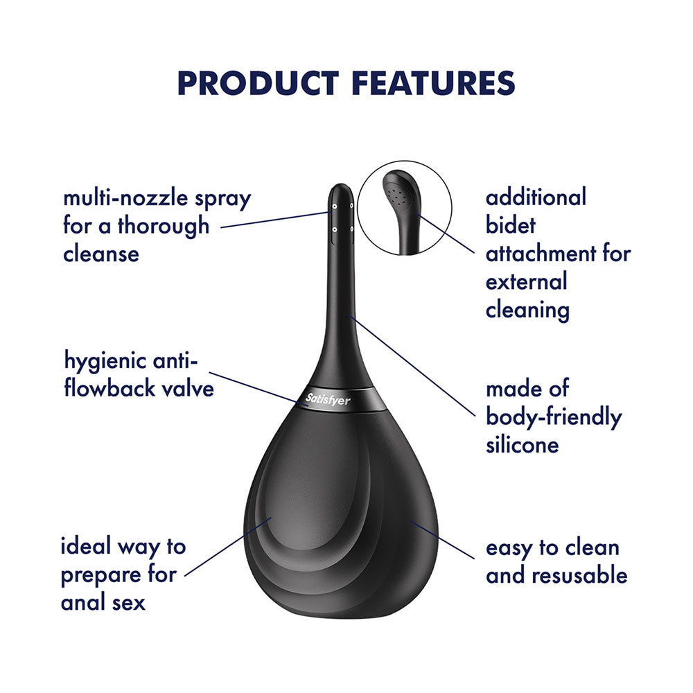 Satisfyer Clean and Play 2-in-1 anal douche with two interchangeable nozzles in black