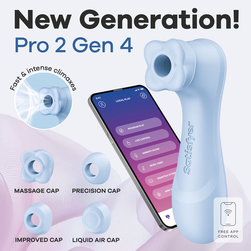 Satisfyer Pro 2 Gen 4 in Serene Blue with caps and Satisfyer Connect app feature graphics