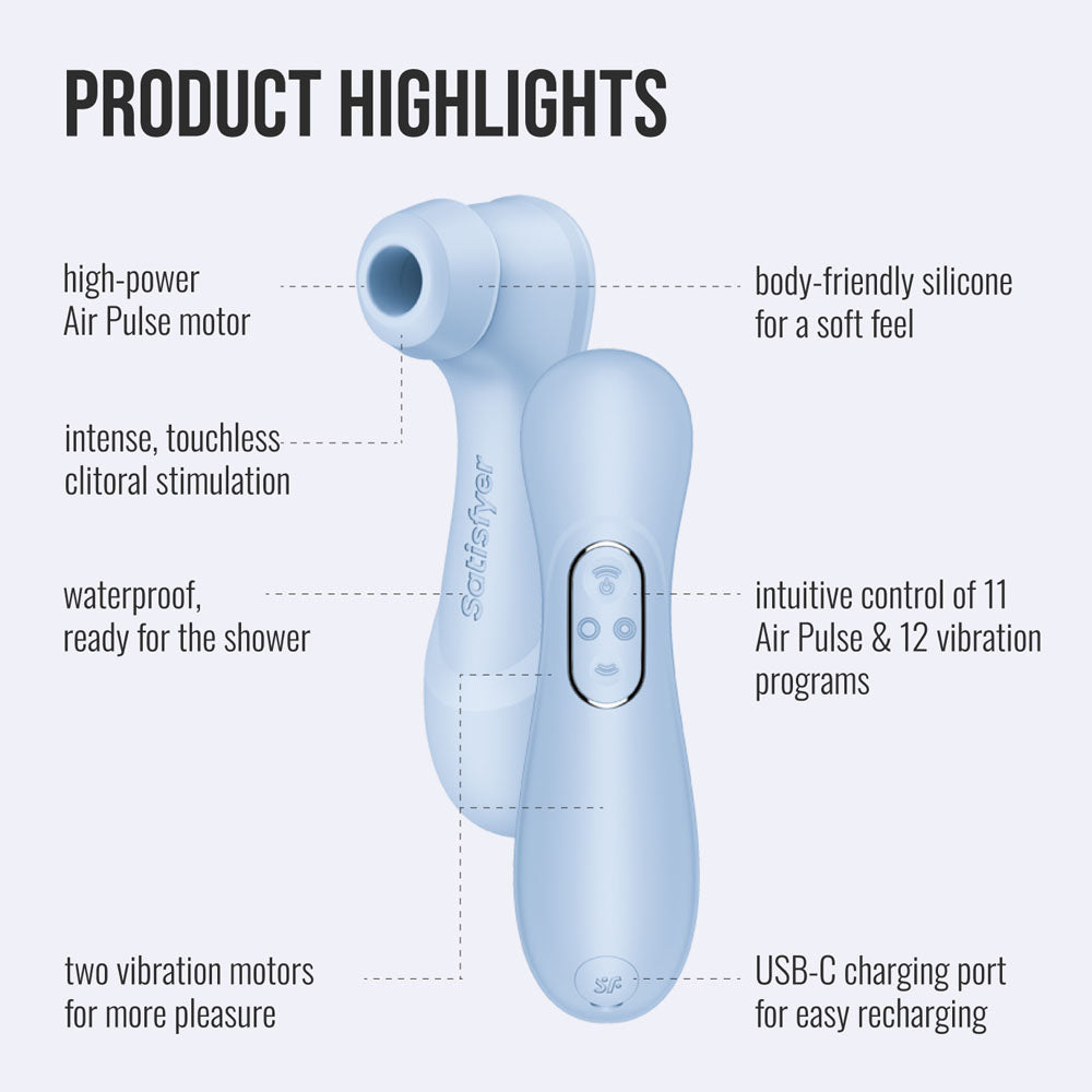 Satisfyer Pro 2 Gen 4 in Serene Blue with a product feature overview