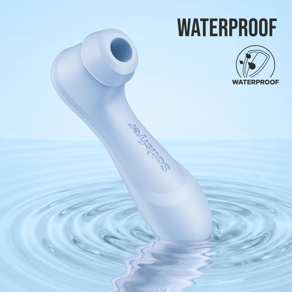 Satisfyer Pro 2 Gen 4 in Serene Blue shown with an IPX7 water-resistance feature graphic