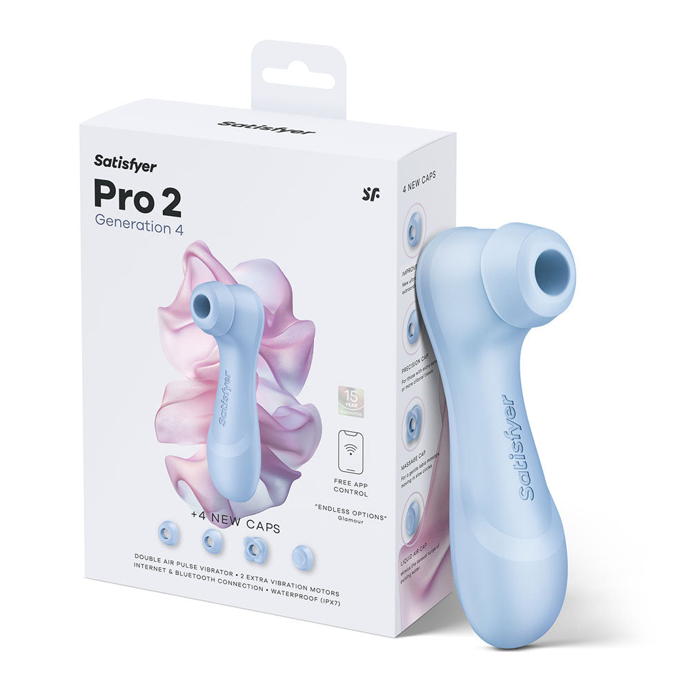 Satisfyer Pro 2 Gen 4 in Serene Blue beside its retail packaging