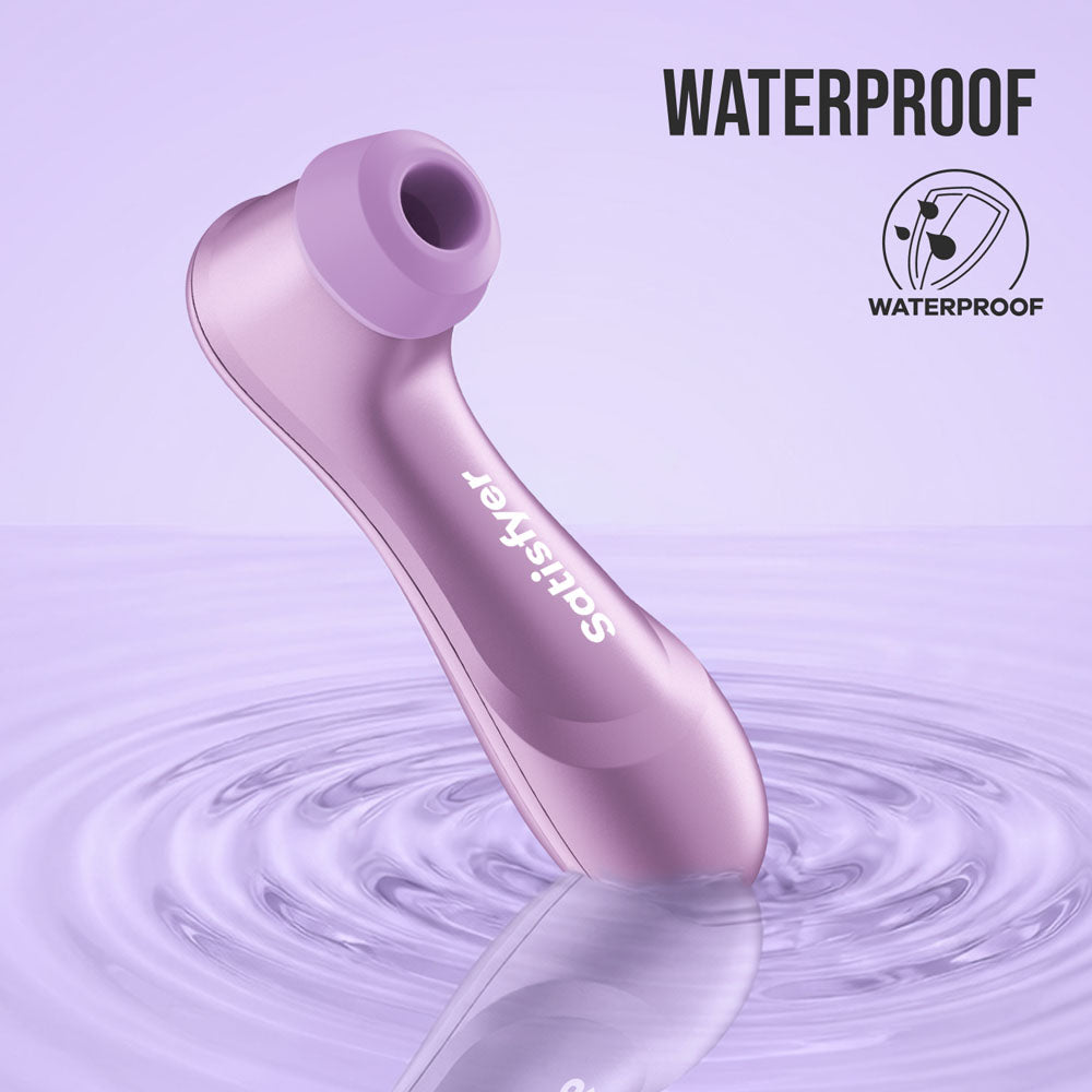 Satisfyer Pro 2 Gen 4 in Amethyst shown with an IPX7 water-resistance feature graphic