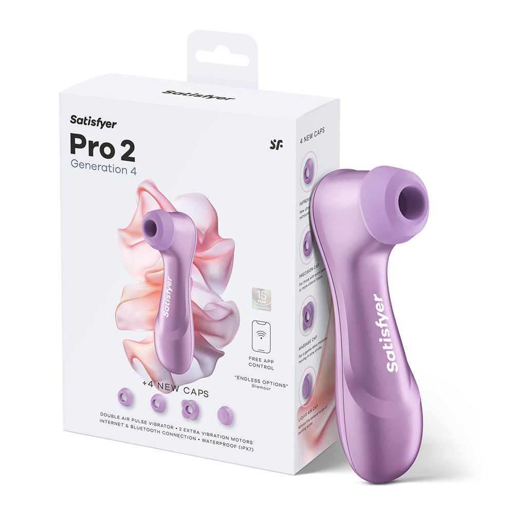 Satisfyer Pro 2 Gen 4 in Amethyst beside its retail packaging
