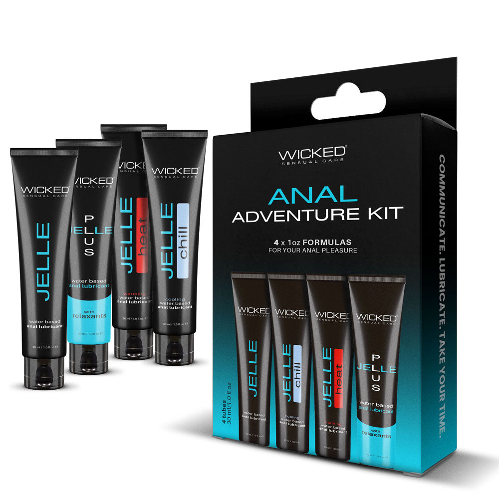 Wicked Anal Adventure Kit with Jelle, Heat, Chill and Plus, four 30ml anal lubricants
