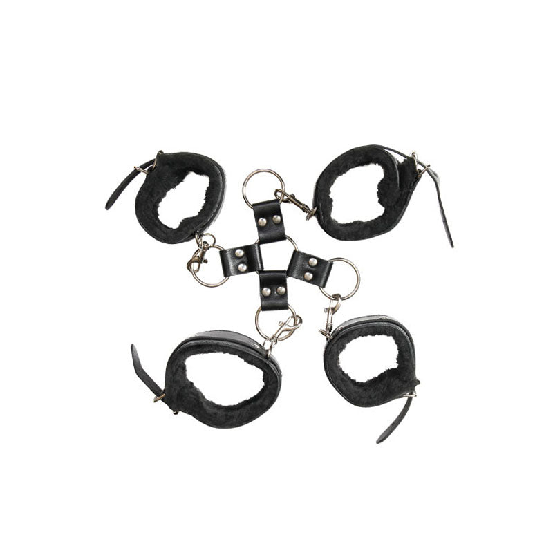 Adam & Eve black hog tie restraint set with faux-fur-lined wrist and ankle cuffs