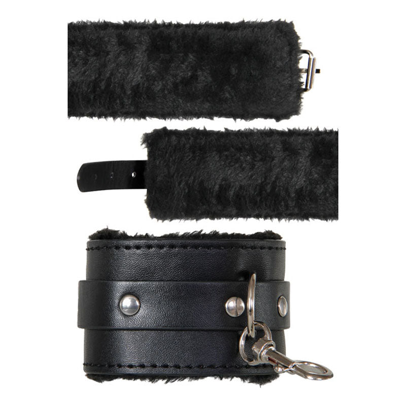 Adam & Eve black hog tie restraint set with faux-fur-lined wrist and ankle cuffs