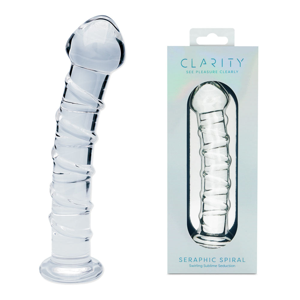 Clarity Seraphic Spiral clear borosilicate glass dildo with raised spiral texture and 16cm (6.3 inches) insertable length