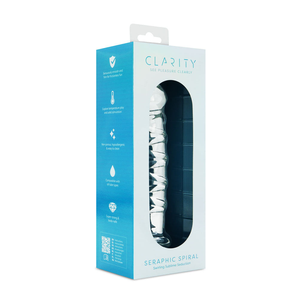 Clarity Seraphic Spiral clear borosilicate glass dildo with raised spiral texture and 16cm (6.3 inches) insertable length