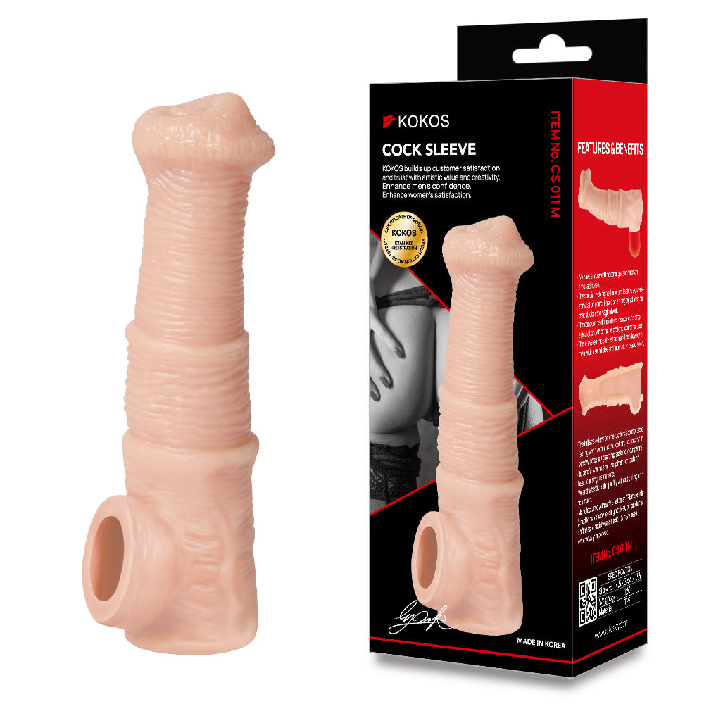 Kokos 17.6cm (6.93 inches) fine ribbed penis extension sleeve and packaging